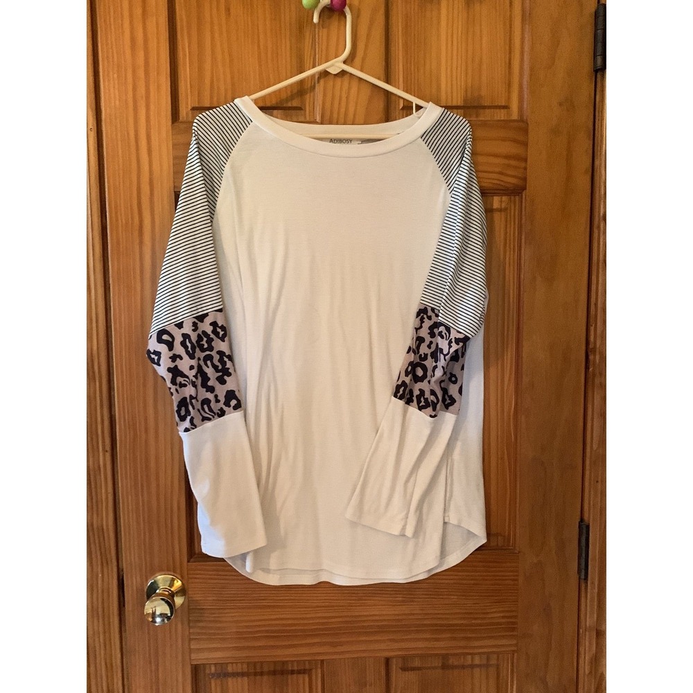 Striped Leopard Sleeve‎ Top, White Raglan Long Sleeve Comfy Casual Style